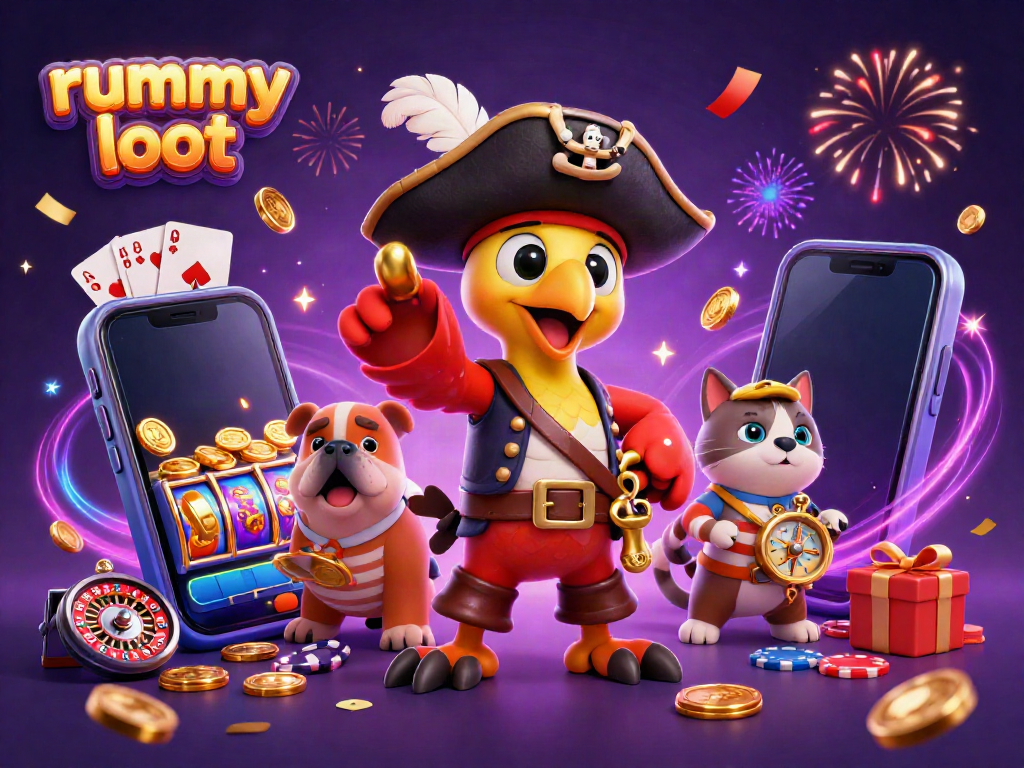 Enjoy thrilling gameplay with Rummy Loot as pirate characters engage in rummy card games amidst confetti and gold coins.