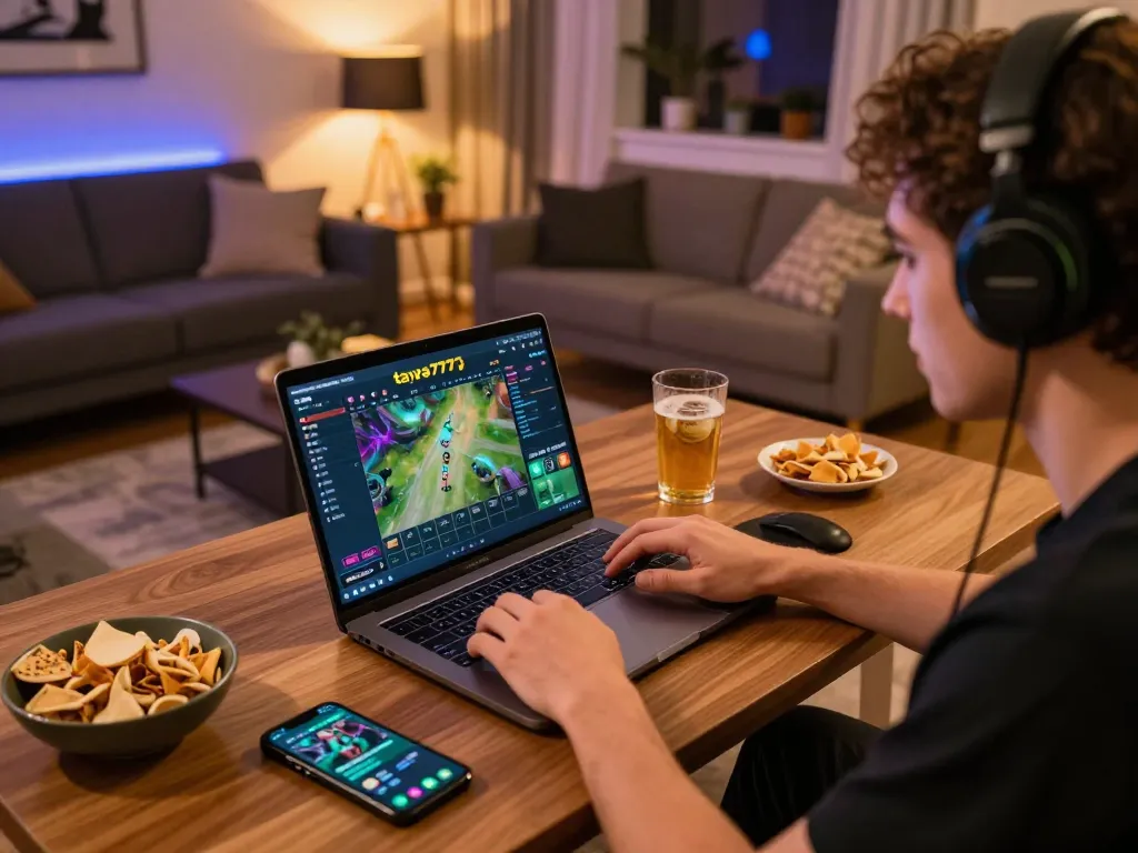 Player engaging with the taya777app for online gaming in a cozy home setup, showcasing laptop and smartphone interactions