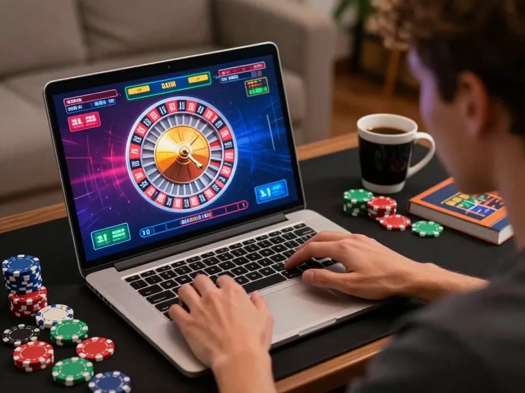 Engaged player explores tic88 online roulette with vibrant graphics and colorful chips on desk
