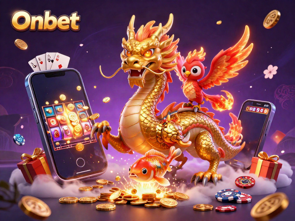 Experience excitement at Onbet with a fierce dragon, phoenix, and koi fish among dynamic casino elements.