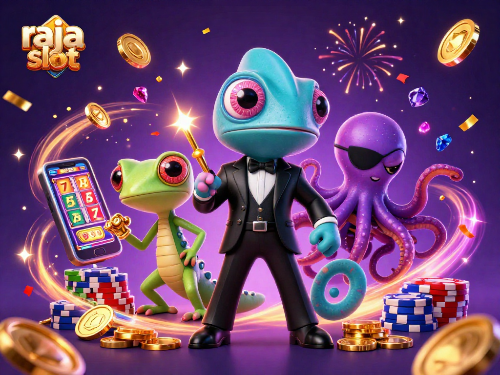 Experience raja slot excitement with a vibrant 3D casino illustration featuring colorful characters and dynamic game elements.