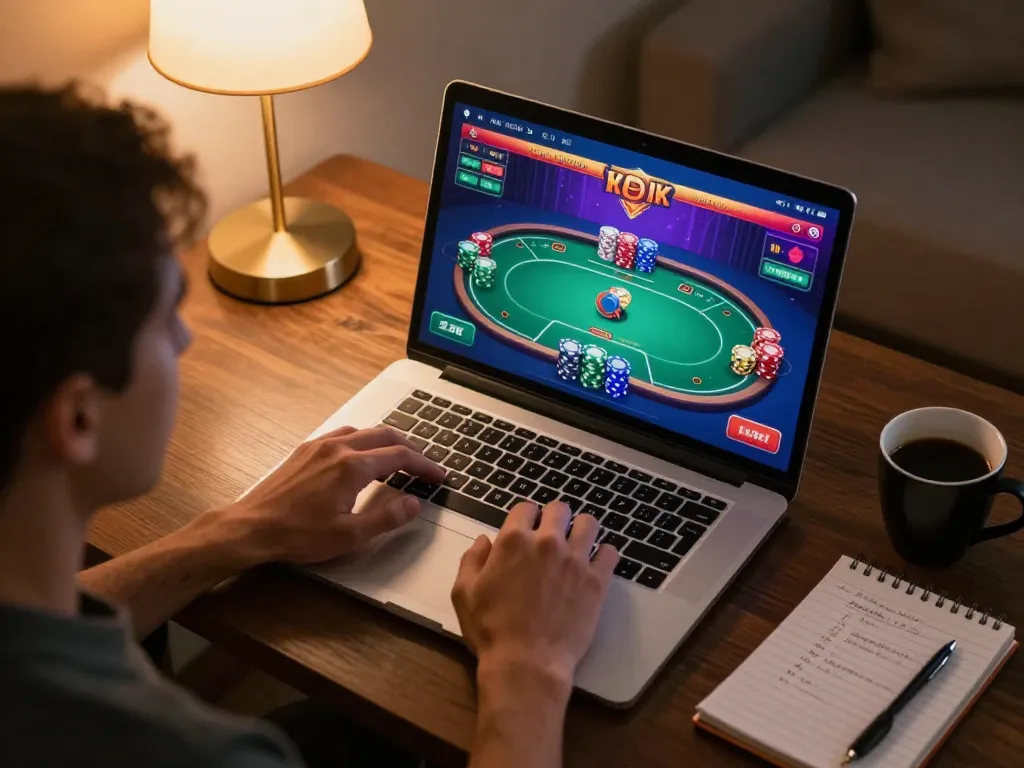 Engaging player at home using Luck8 app on laptop for an exciting online poker game.
