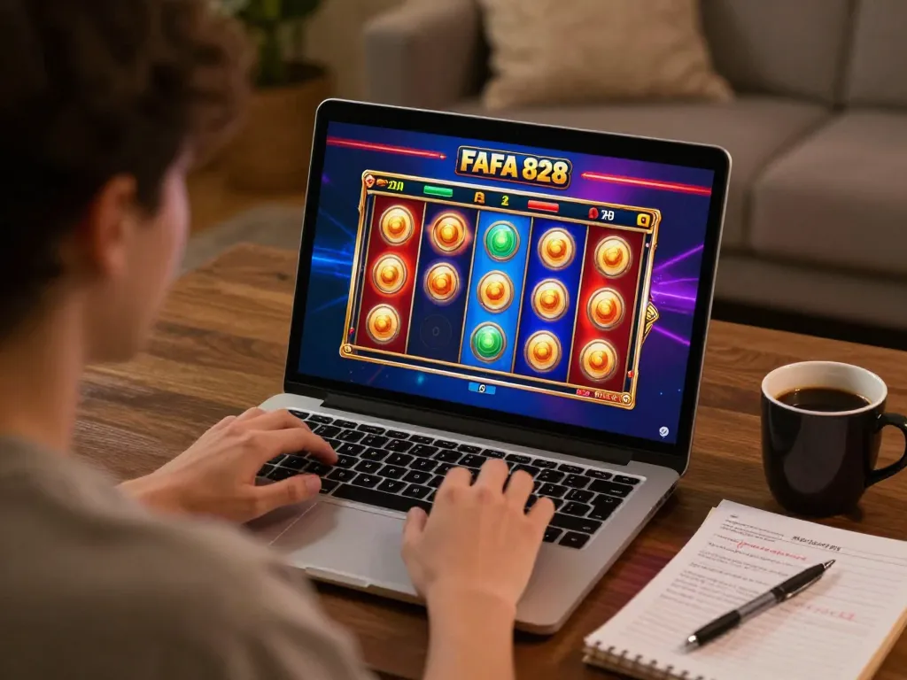 Player enjoying FAFA 828 slot games in a cozy home setting, emphasizing online gambling thrill.