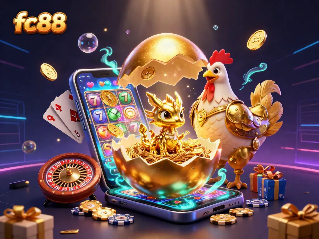 Spin and win with fc88's immersive casino scene featuring a golden dragon and vibrant slot games.