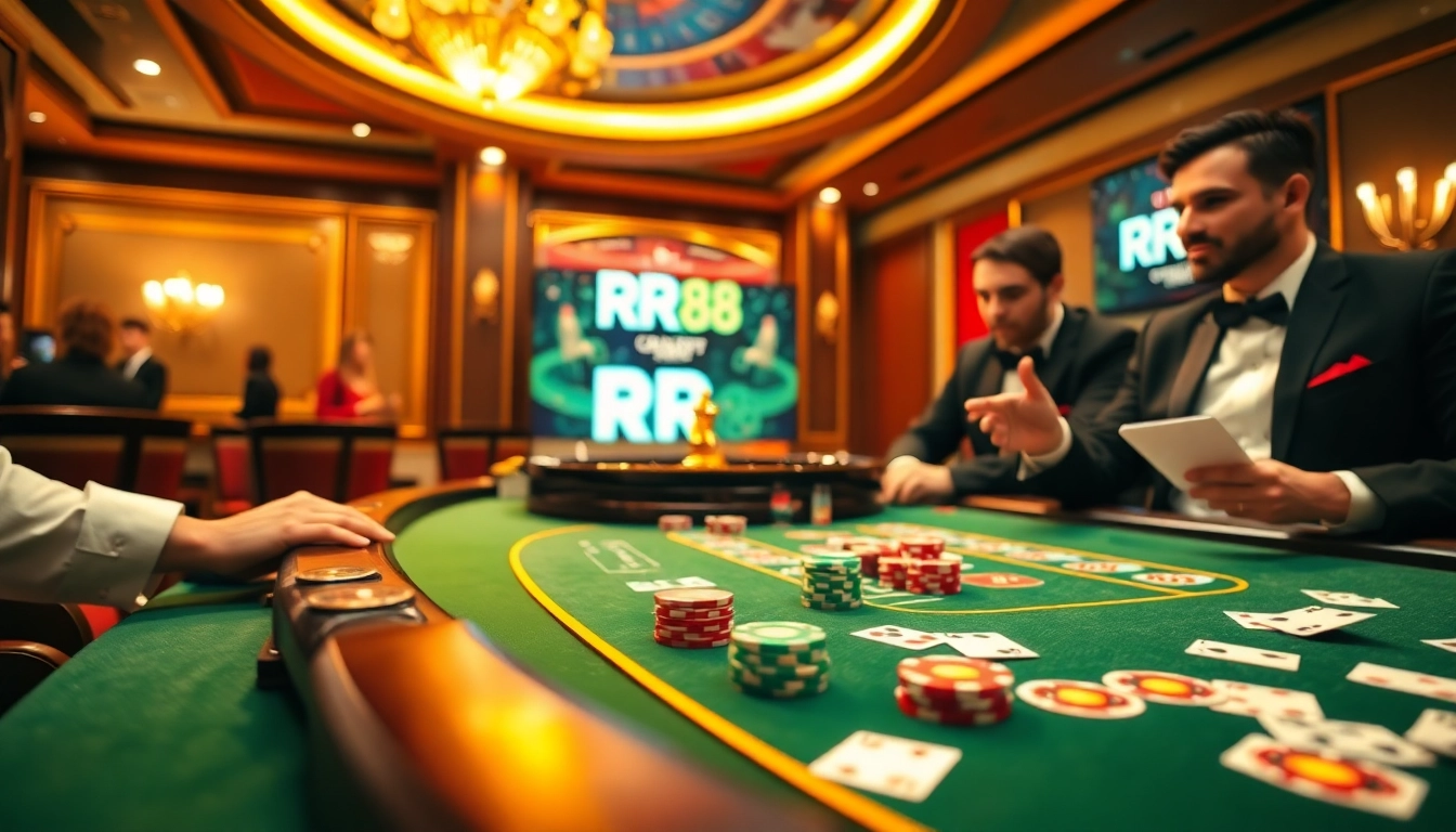 Experience the excitement of RR 88 with a professional casino scene featuring poker and roulette.
