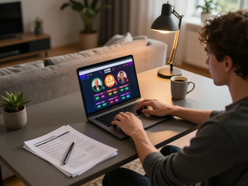 Person engaging with xx88 online gaming platform on laptop in cozy home setting
