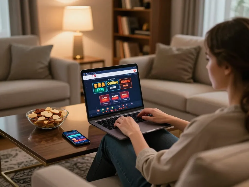 Engaged player exploring Canada online casinos on a laptop with inviting home ambiance