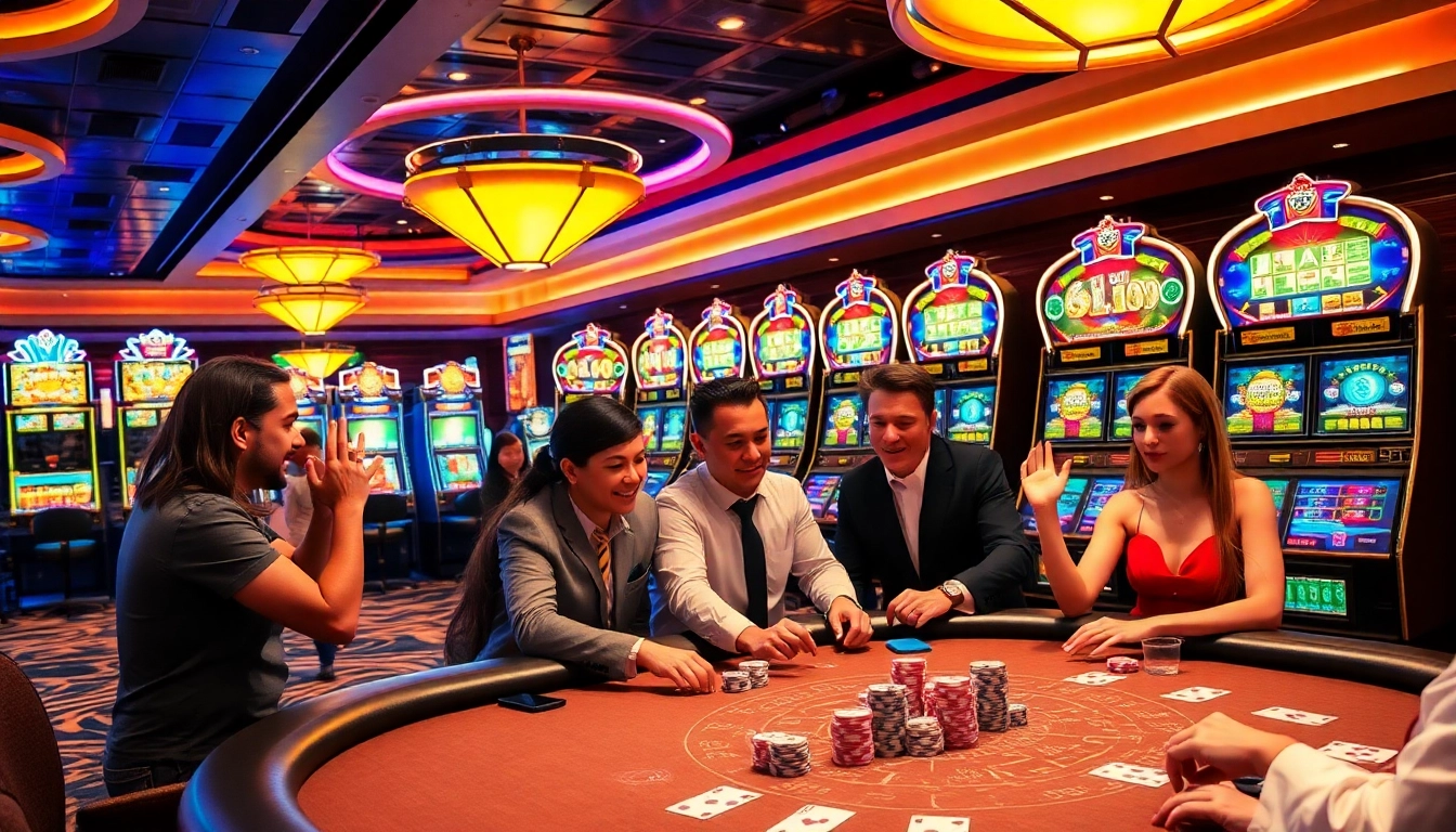 i9bet players enjoying a thrilling poker game at a luxurious casino table with bright lights