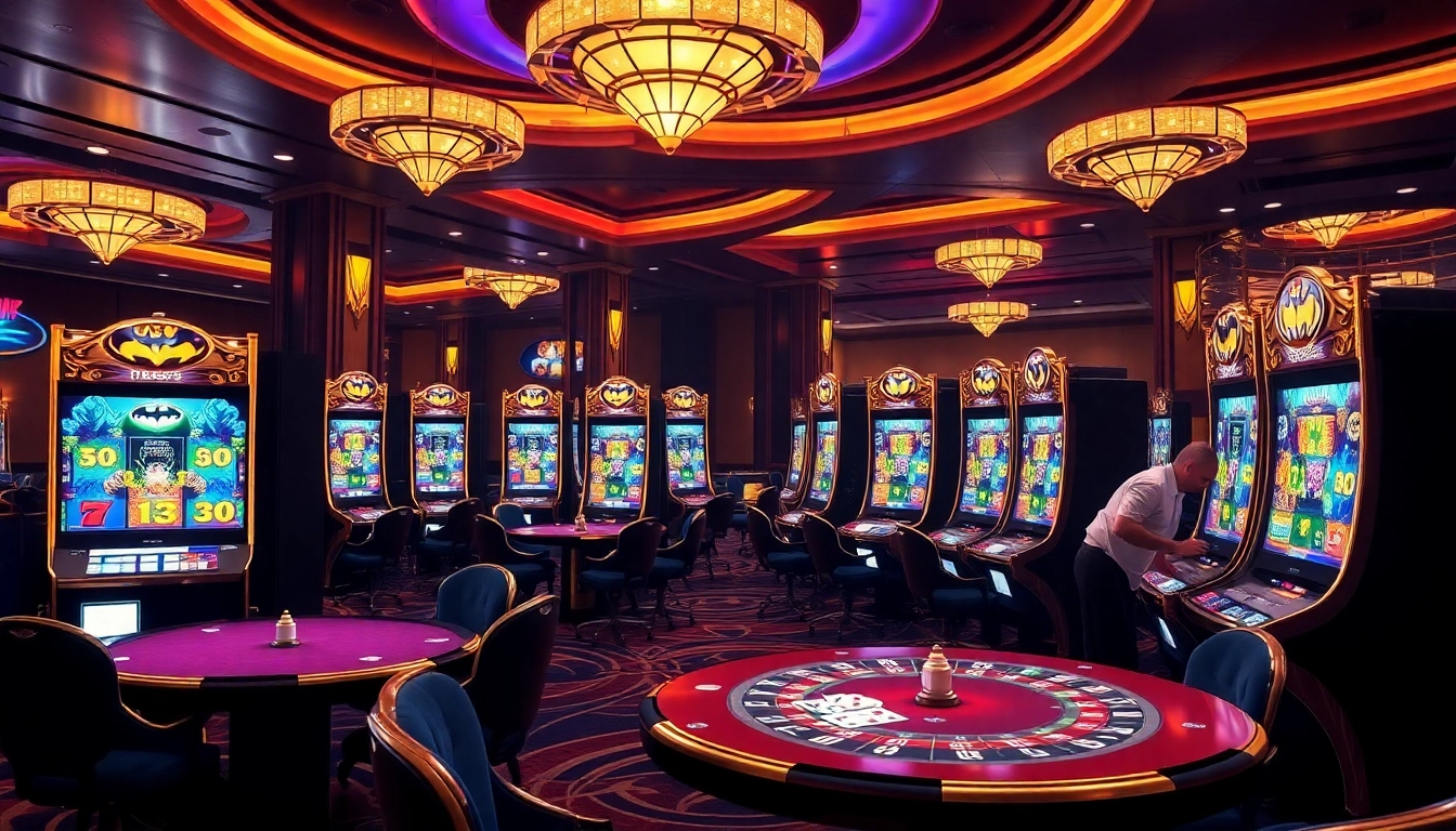 Experience the excitement of gambling at Batman138, featuring a vibrant slot machine and professionals enjoying their game.