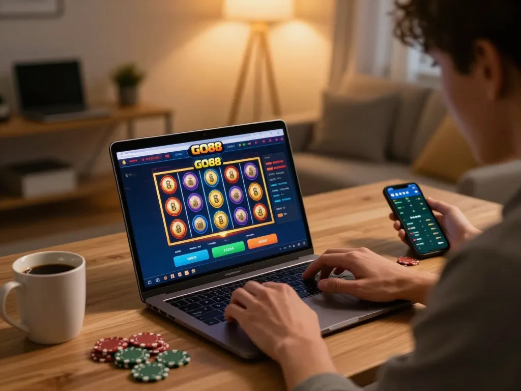 Exciting gameplay on GO88 casino app showing spinning slots in a cozy setting.