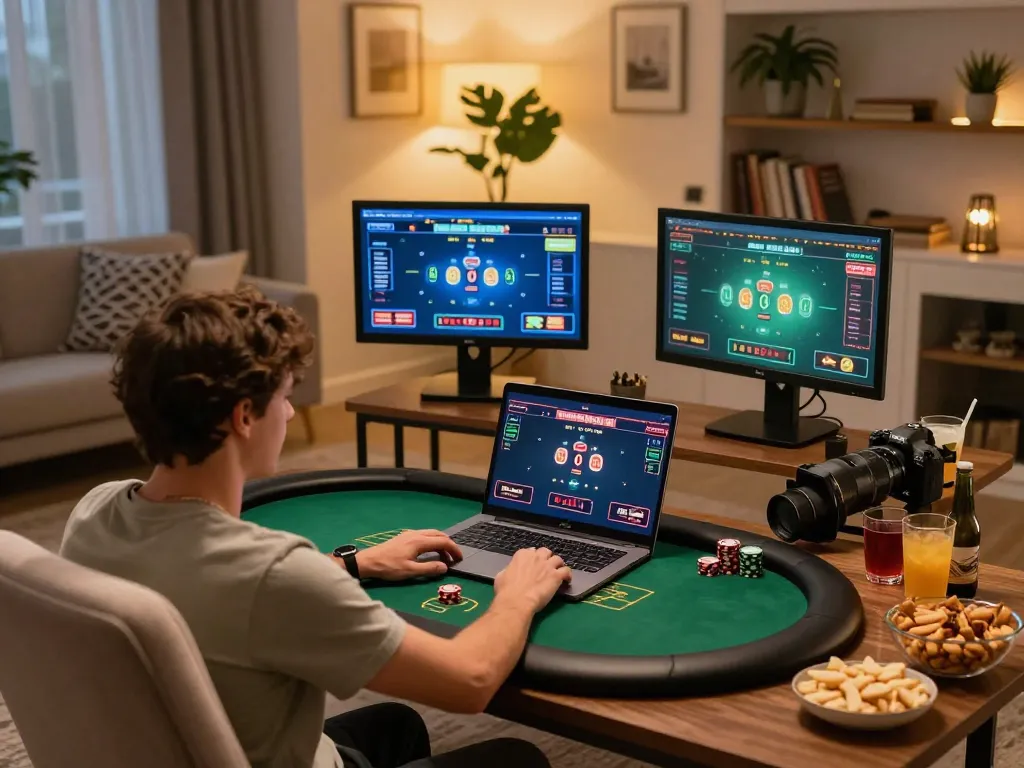 Engaging in poker gameplay on a laptop while practicing bankroll management at open888 online casino.