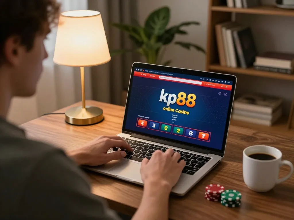 Player enjoying kp88 online casino poker at home with vibrant interface and warm atmosphere.