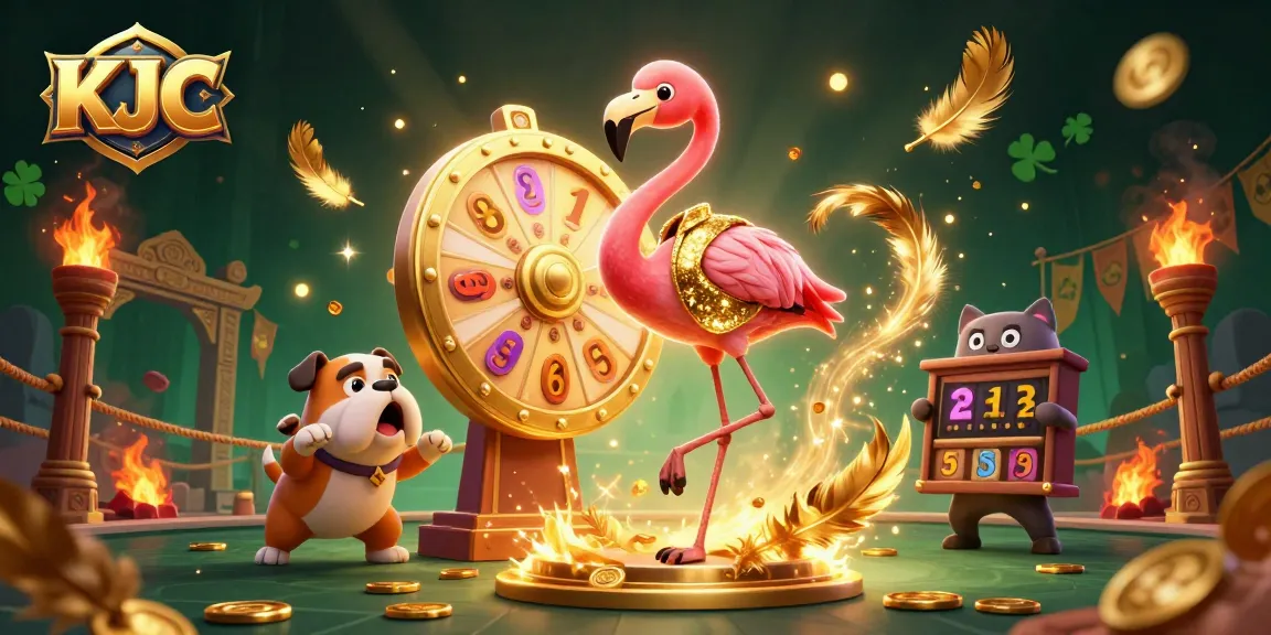 Engage with KJC's exciting prize wheel event, featuring rich casino graphics and vibrant characters.