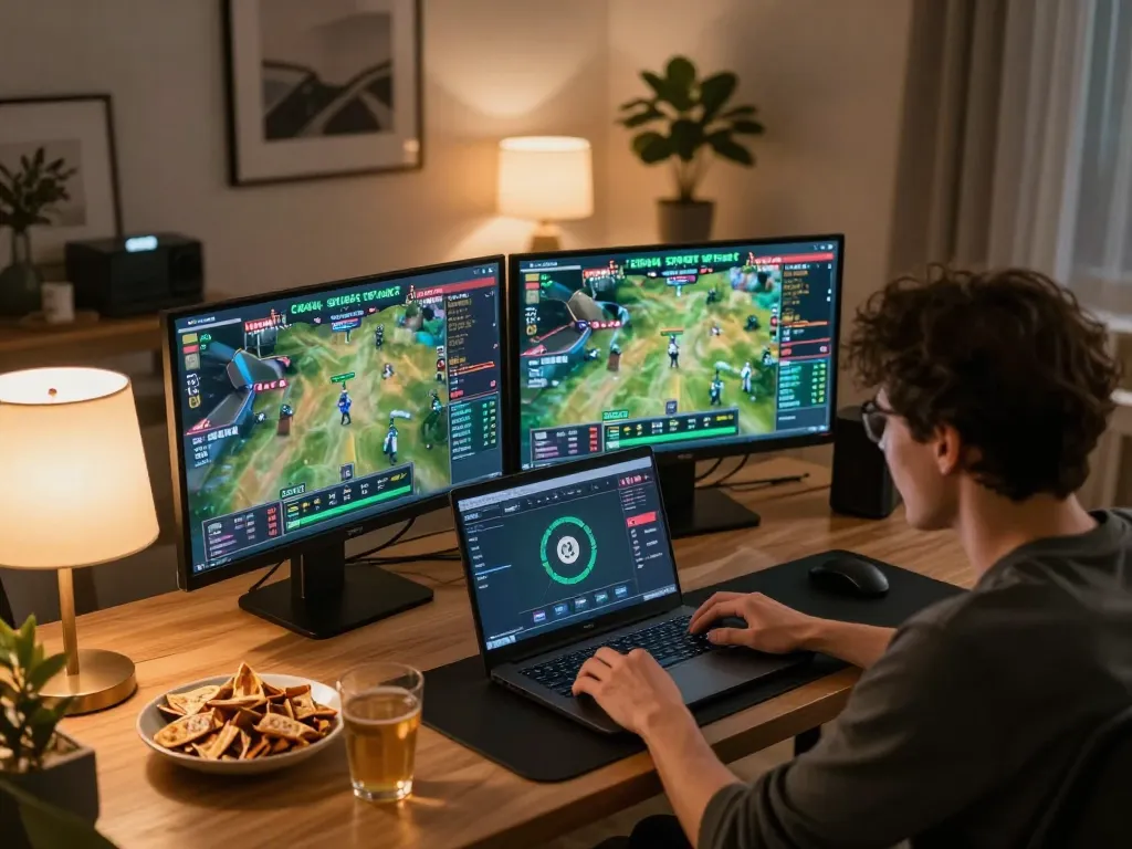 Engaging in CK444 sports betting from a modern home office setup, displaying live game stats.