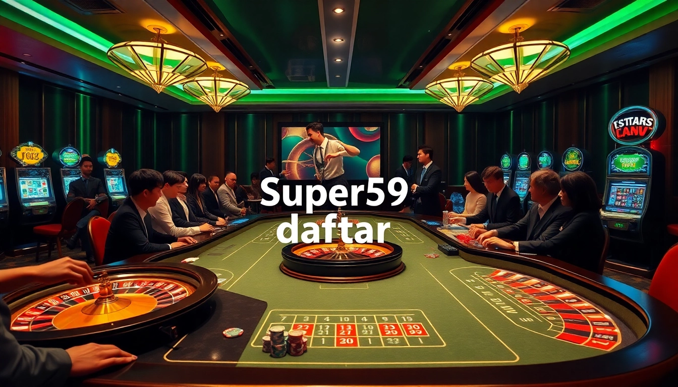 Exciting gaming scene with players enjoying Super59 daftar roulette and slot machines in a luxurious casino setting.