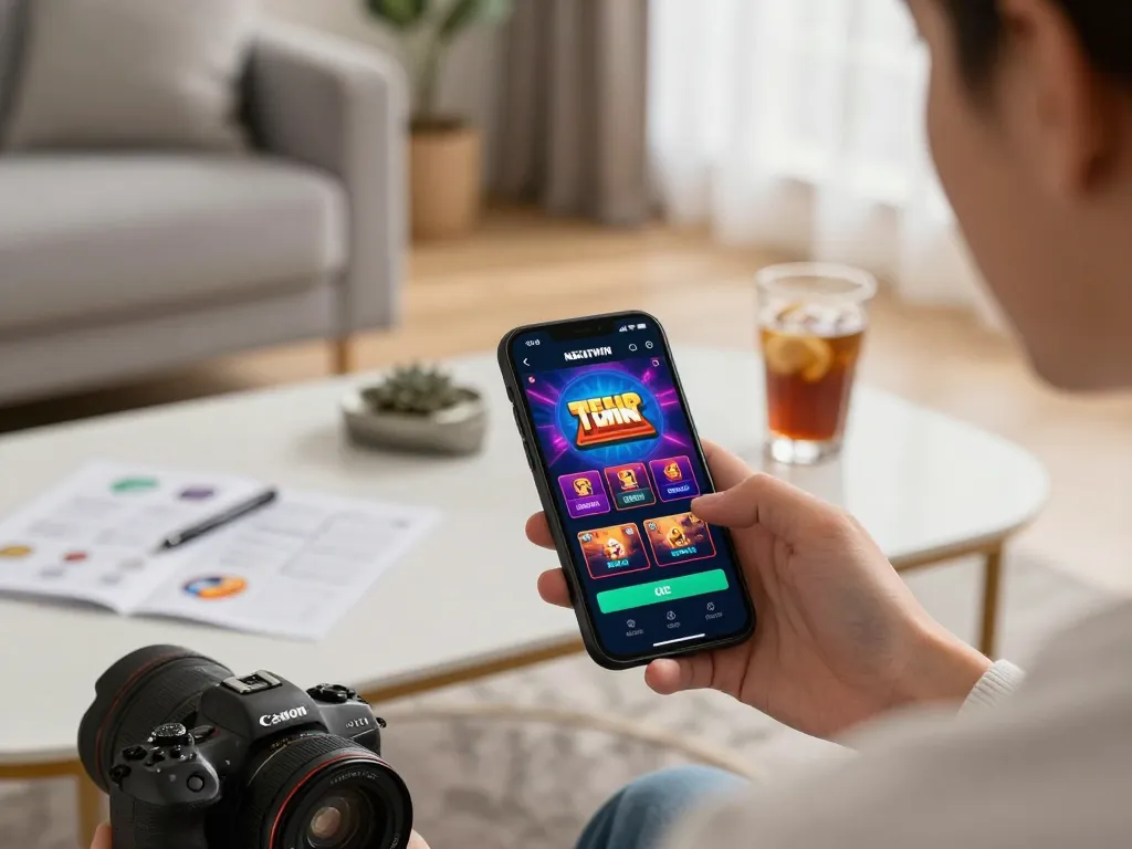 Engaging as a new player on NEKATWIN app for online betting in a cozy living room.
