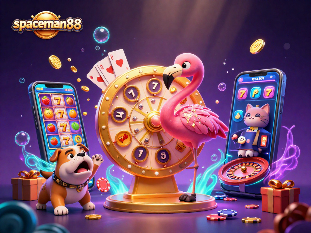 Spin to win exciting prizes at spaceman88 with vibrant slots and engaging characters in this lively scene.