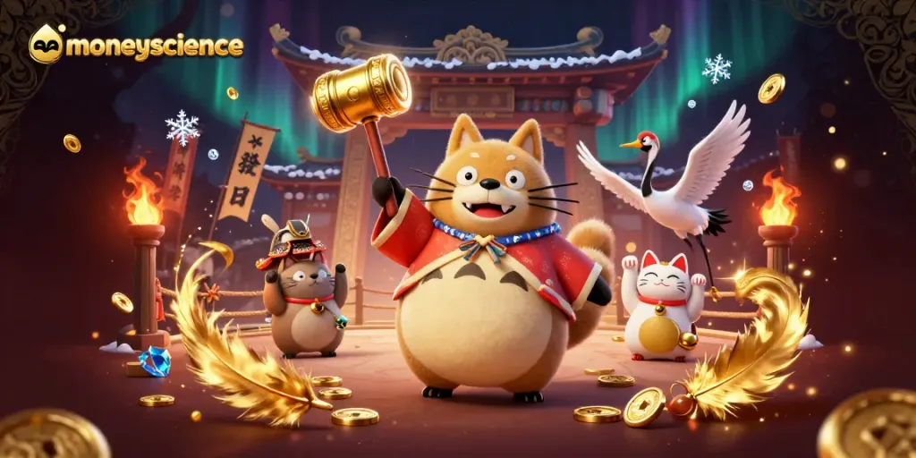 Moneyscience menghadirkan suasana keberuntungan dengan karakter tanuki, crane, dan kucing maneki-neko di kasino.