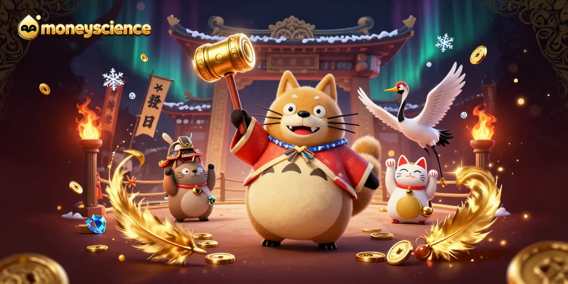 Moneyscience menghadirkan suasana keberuntungan dengan karakter tanuki, crane, dan kucing maneki-neko di kasino.