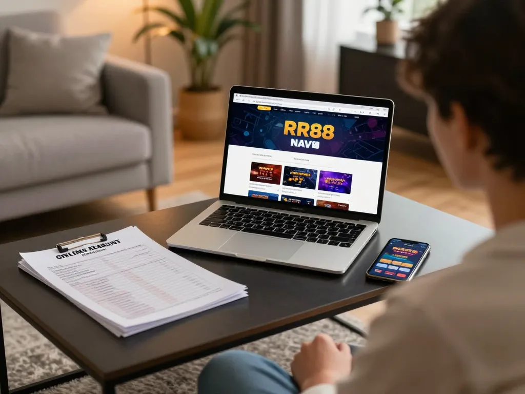 Person engaging with RR88 NAVY online gambling setup amidst a cozy home atmosphere