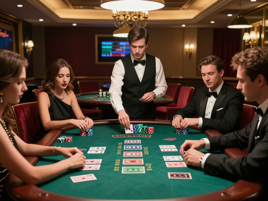 Tỷ lệ nhà cái observed as players strategize in an upscale blackjack game.