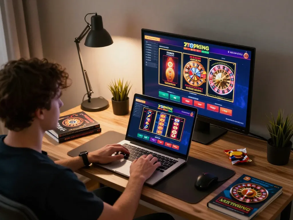 Player engaging with zbet online casino games on laptop, vibrant display of slots and roulette.