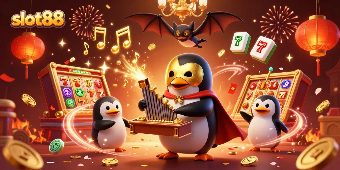 Menangkan slot88 dengan penguin opera bermain organ sambil mengeluarkan koin emas di ilustrasi menarik.