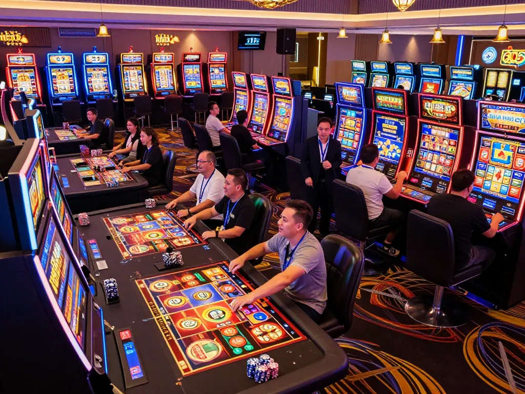 NAGA2000 players celebrating wins at a lively casino floor full of vibrant slot machines.