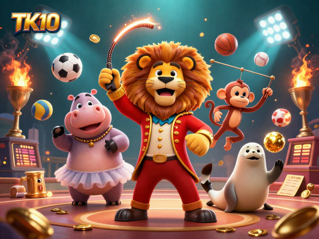 Experience exciting moments with TK10, featuring lively casino characters amidst dynamic gambling action elements.
