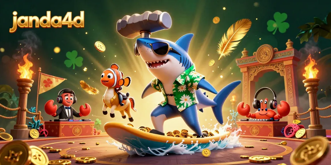Janda4d menunjukkan ikan hiu kartun bermain di ombak koin emas dan mendukung permainan daring lainnya.