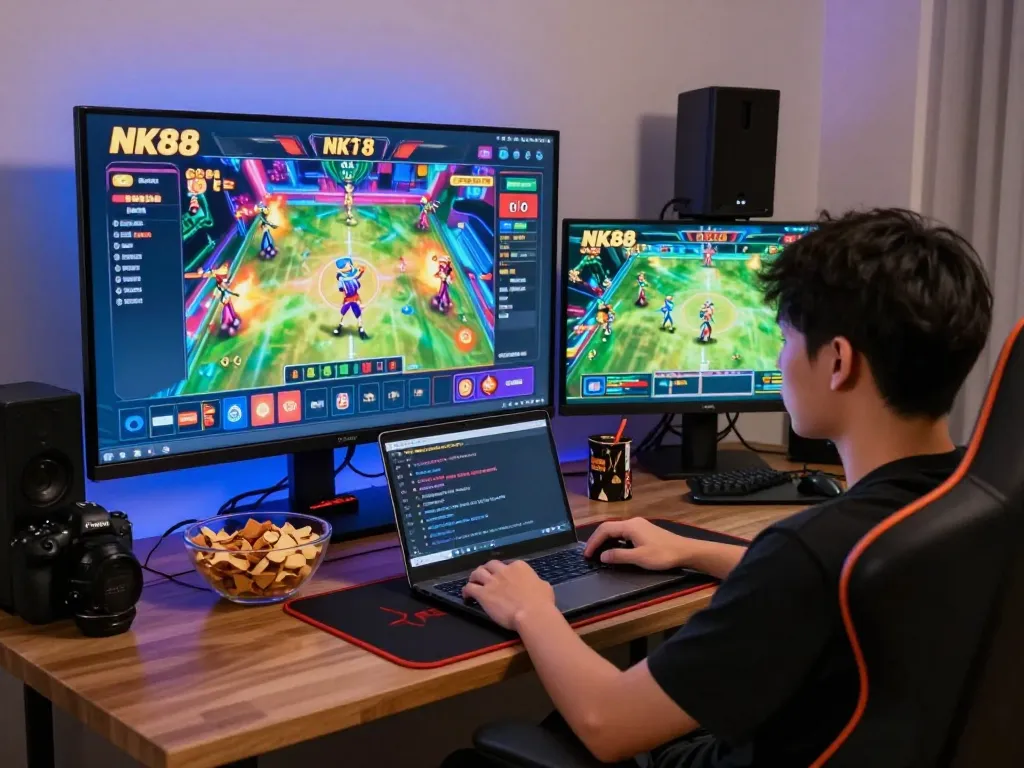 Engaging home gambling setup showcasing NK88com gaming experience with vibrant graphics.