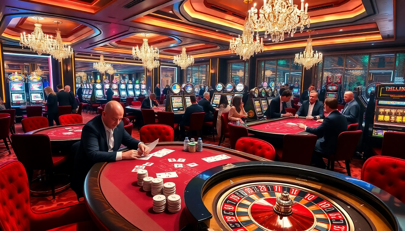 Experience the excitement at UU88 casino with players engaged at poker tables and vibrant slot machines.