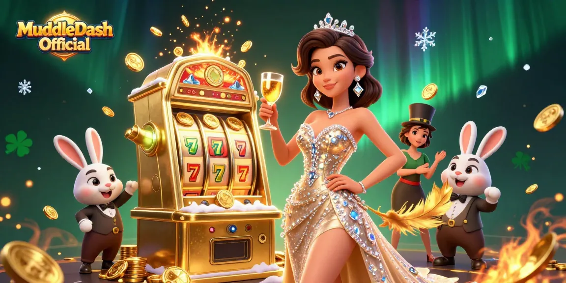 MuddleDash Official gaming scene featuring elegant character beside jackpot slot machine, celebrating wins.