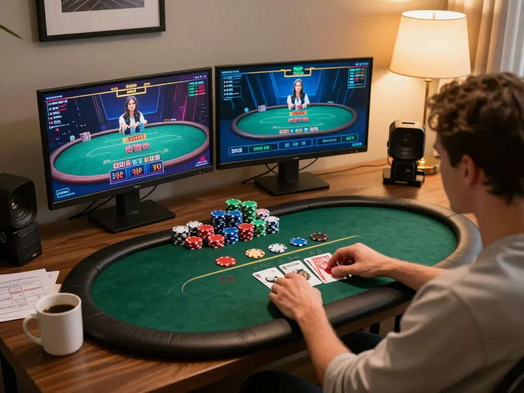 MM88 TODAY showcases players engaging in exciting online poker gameplay with vibrant chips and cards.