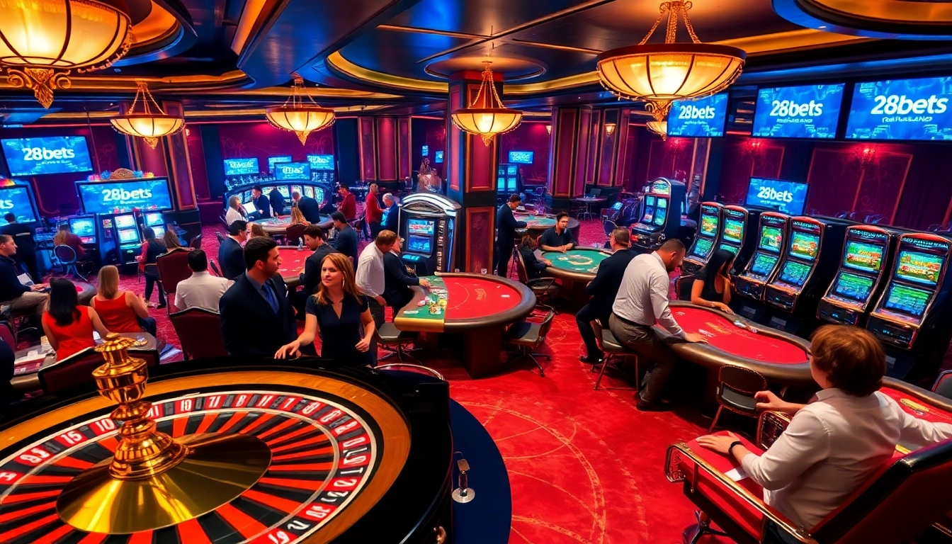 A casino scene featuring players engaging with roulette and poker tables, showcasing the excitement of betting with 28bets.
