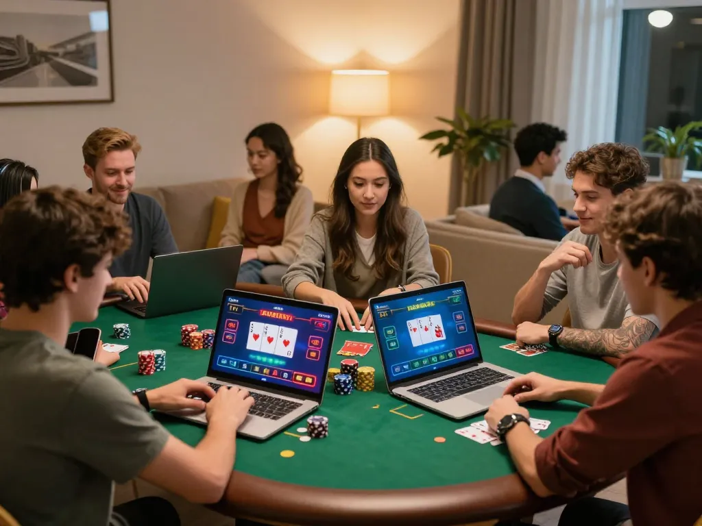 Players enjoying an online poker game on their laptops at home for AU88