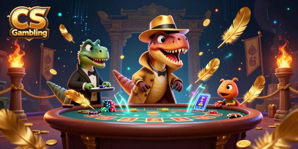 Experience CS Gambling with a velociraptor card counter and stegosaurus pit boss in a vibrant casino setting.