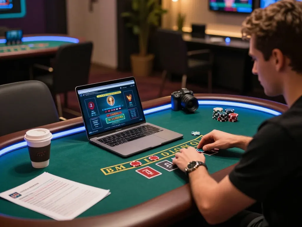 Player engaging with jagoan86 online blackjack game at a modern desk, showcasing strategic notes.