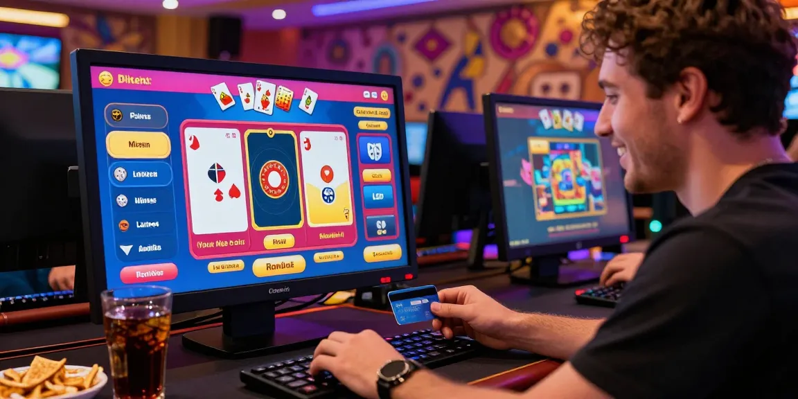 Excited player using credit card at an online casino, engaging with vibrant gaming interface.