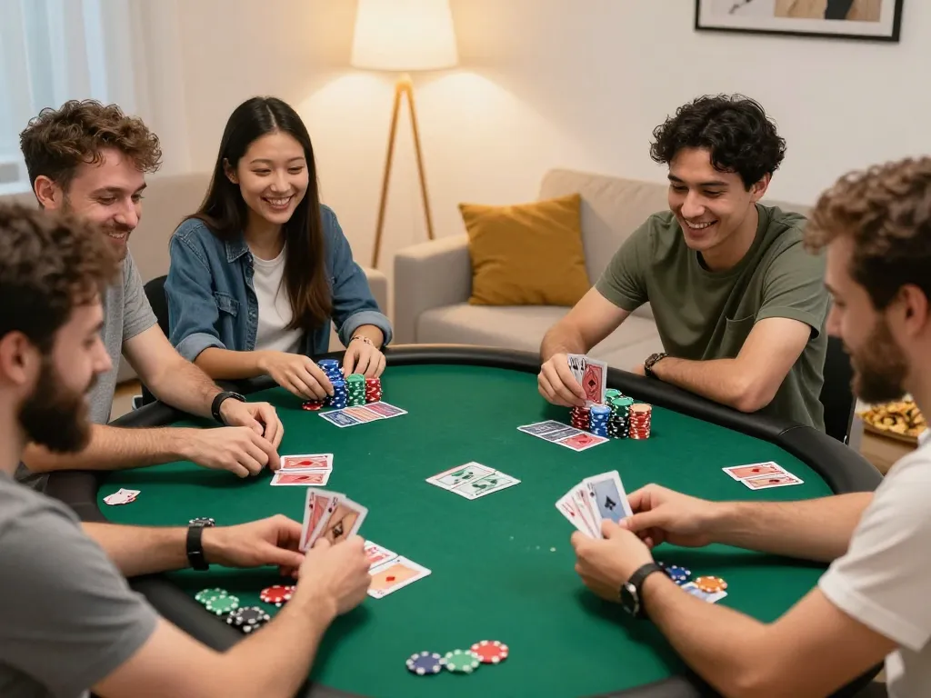 Enjoying a thrilling ONLINE128 poker night with friends, showcasing strategic bets and gameplay.