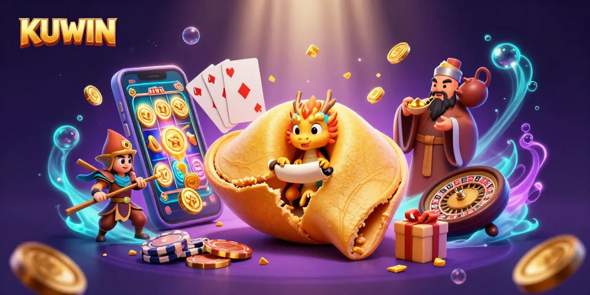 KUWIN offers vibrant gaming experiences with a wise dragon and fortune cookie theme in this lively casino scene.