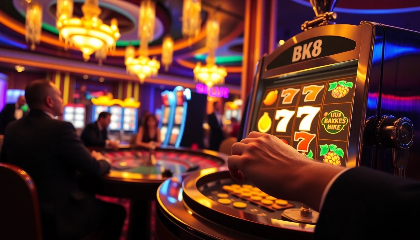 Players enjoying BK8 slot games at a vibrant casino table atmosphere.