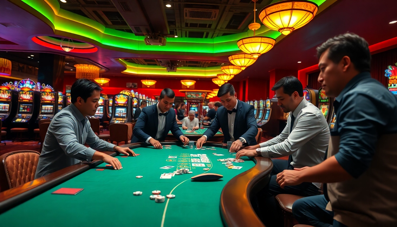 Erleben Sie aufregende casino-spiele de in einem lebhaften Casino mit Glücksspielern und bunten Spielautomaten.