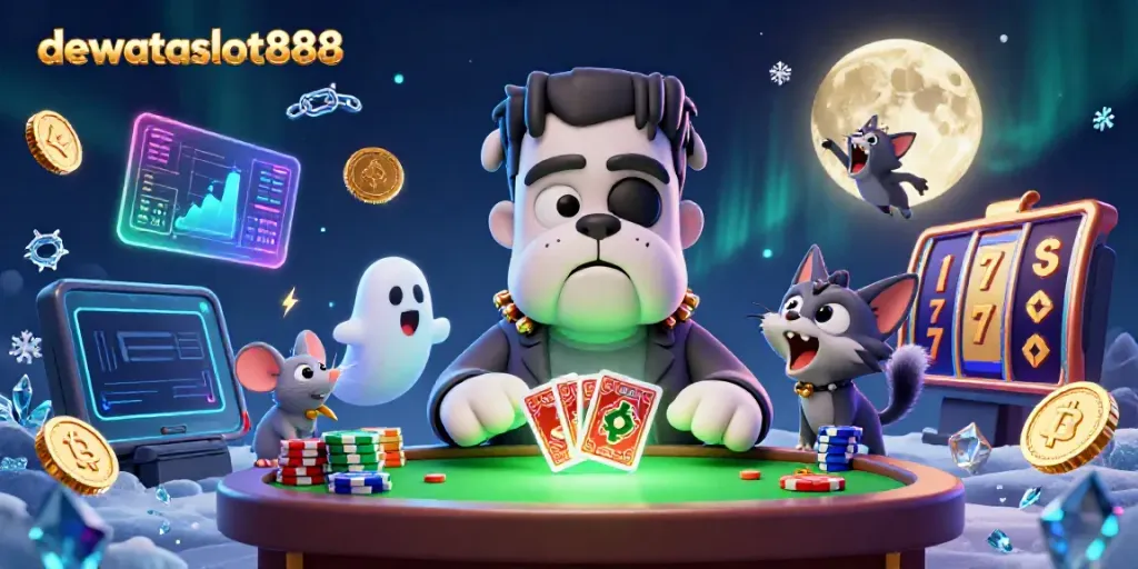 dewataslot888 menghadirkan karakter 3D yang menangani kartu di meja kasino dengan suasana menyeramkan dan elemen slot yang menarik.