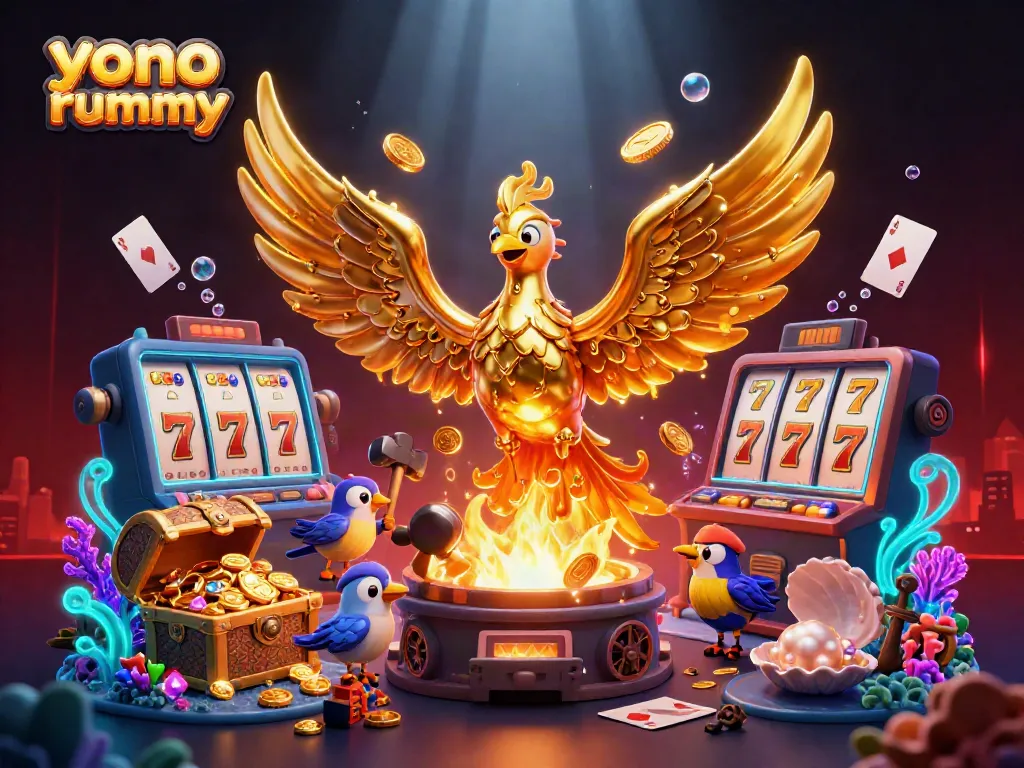 Visualisasi interaksi di aplikasi yono rummy yang menunjukkan keberuntungan dengan elemen permainan kartu dan harta karun meriah.