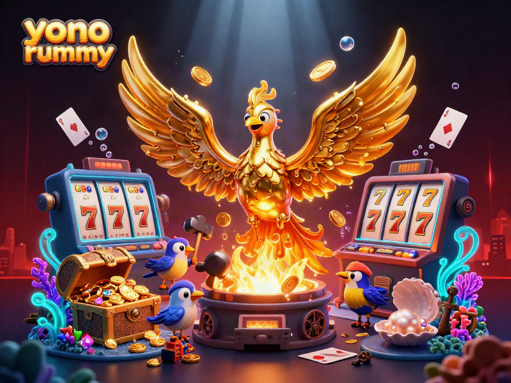 Visualisasi interaksi di aplikasi yono rummy yang menunjukkan keberuntungan dengan elemen permainan kartu dan harta karun meriah.