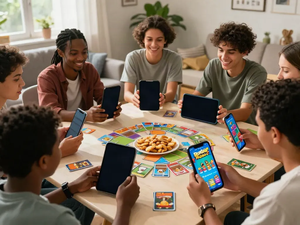 Group of friends playing Rumble Rummy on mobile in a cozy setting.