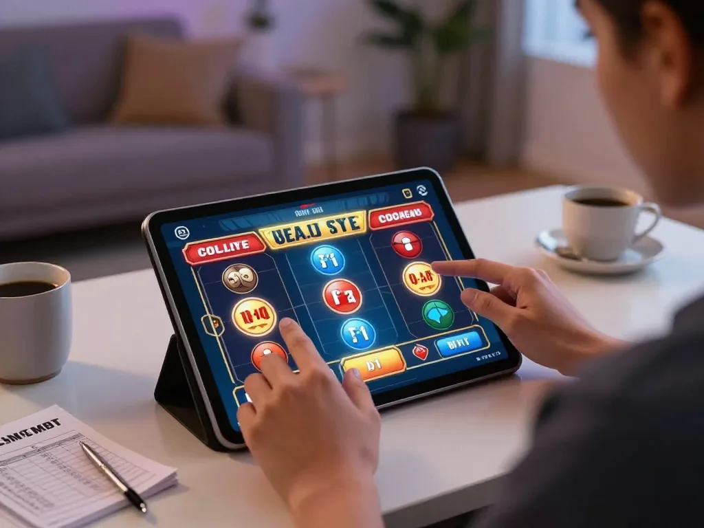 Engaging in online usa casinos through a tablet at home, focusing on strategic gameplay.