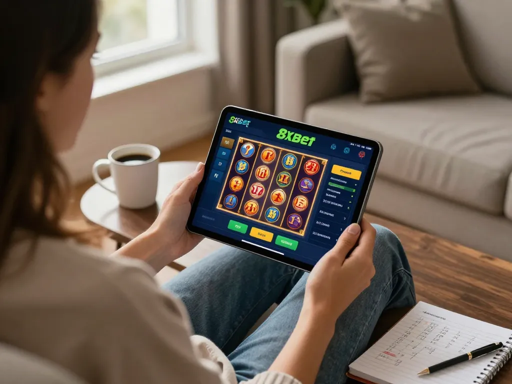 Engaging player strategizing wins with 8xbet casino app on tablet in cozy home atmosphere