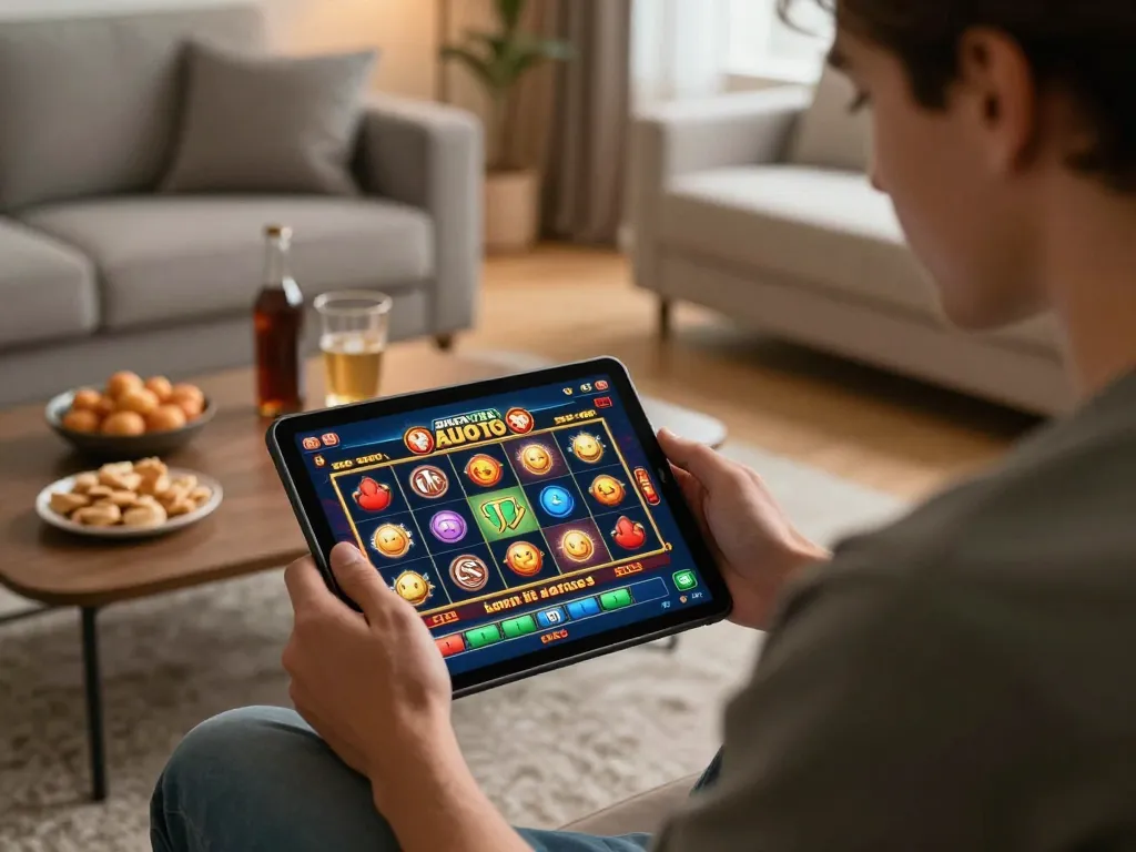 A player enjoying aman788 slot games on a tablet in a cozy living room.